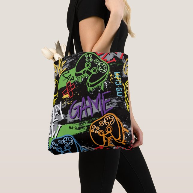 Neon Graffiti Gaming Pattern Tote Bag (Close Up)