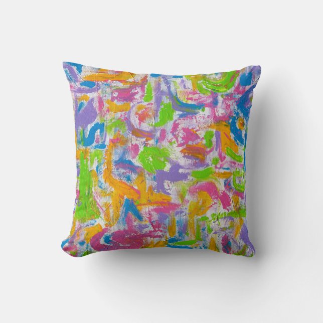Neon Graffiti-Hand Painted Abstract Brushstrokes Cushion (Front)