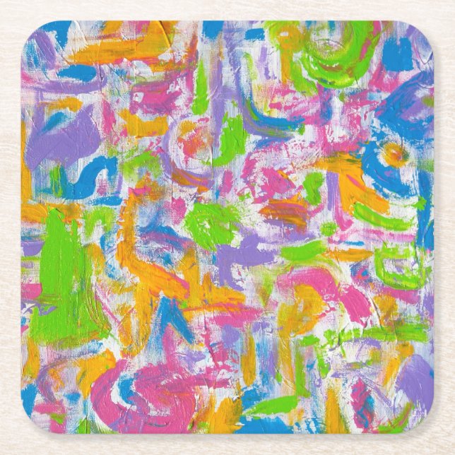 Neon Graffiti-Hand Painted Abstract Brushstrokes Square Paper Coaster (Front)