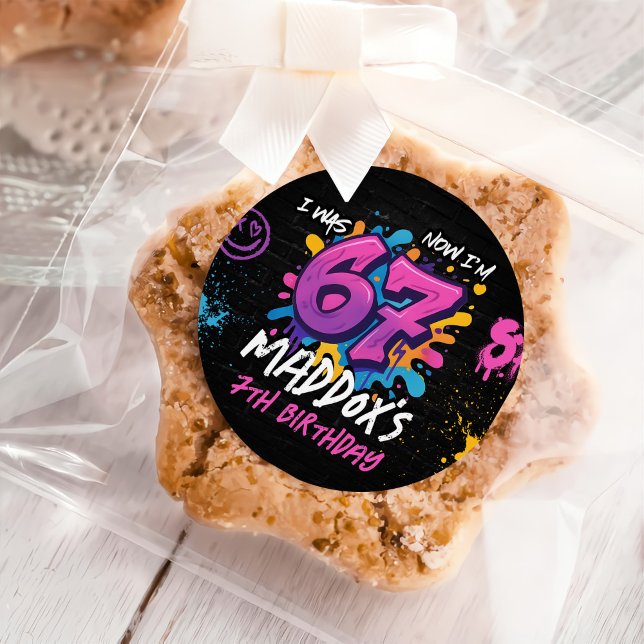 Neon Graffiti Six Seven Kids 7th Birthday Party Classic Round Sticker (Creator Uploaded)