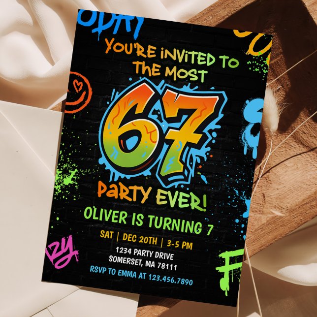 Neon Graffiti Six Seven Kids 7th Birthday Party Invitation (Creator Uploaded)