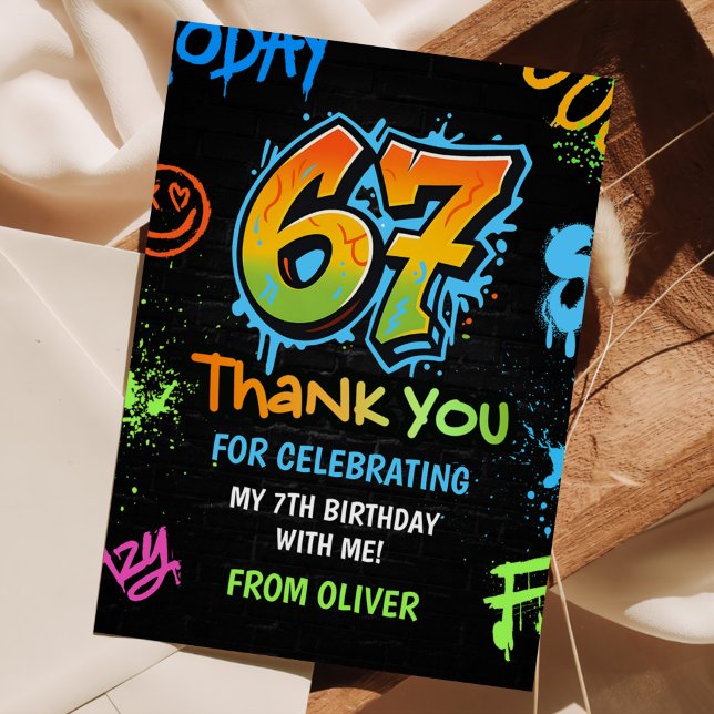 Neon Graffiti Six Seven Kids 7th Birthday Party Thank You Card (Creator Uploaded)