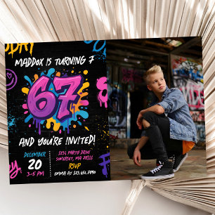 Neon Graffiti Six Seven Kids 7th Birthday Photo Invitation