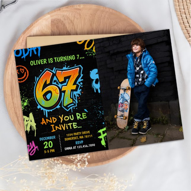 Neon Graffiti Six Seven Kids 7th Birthday Photo Invitation (Creator Uploaded)