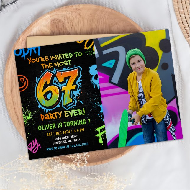 Neon Graffiti Six Seven Kids 7th Birthday Photo Invitation (Creator Uploaded)