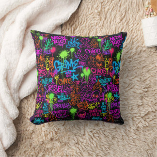 Neon Graffiti Street Art Collage Pattern Cushion