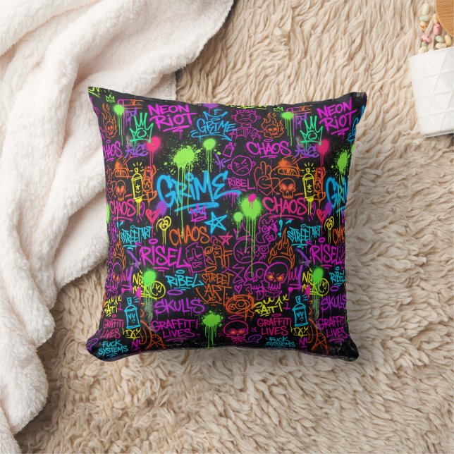 Neon Graffiti Street Art Collage Pattern Cushion (Blanket)