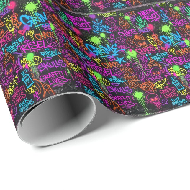 Neon Graffiti Street Art Collage Pattern Wrapping Paper (Roll Corner)