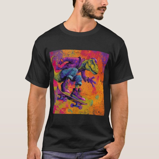 Neon Graffiti T-Rex Skate Trick T-Shirt (Front)