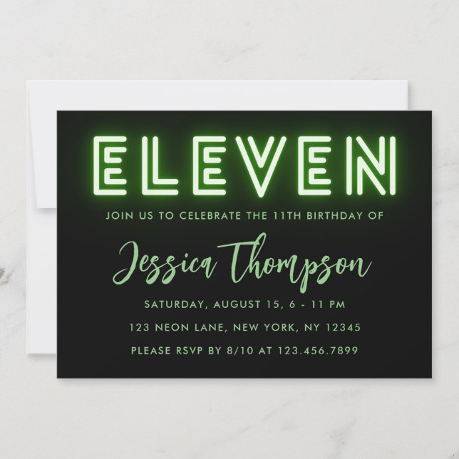 Neon Green 11th Birthday Invitation (Front)