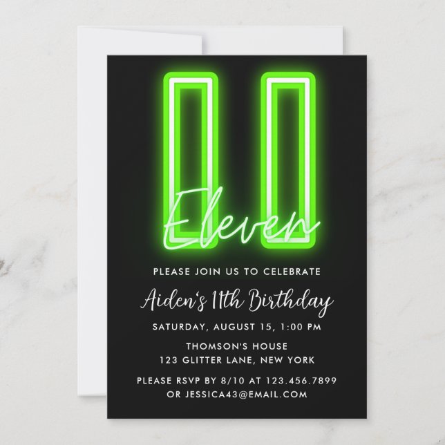 Neon Green 11th Birthday Invitation (Front)
