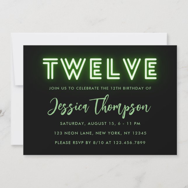 Neon Green 12th Birthday Invitation (Front)