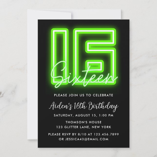 Neon Green 15th Birthday Invitation (Front)