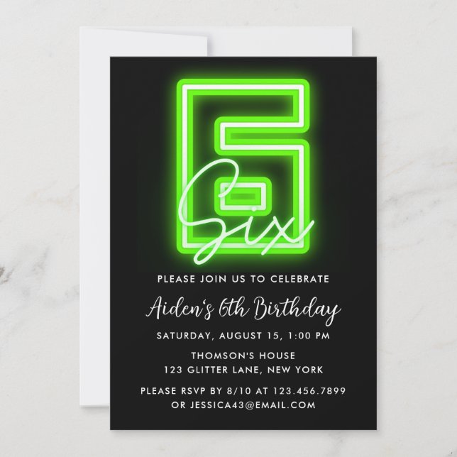 Neon Green 6th Birthday Invitation (Front)