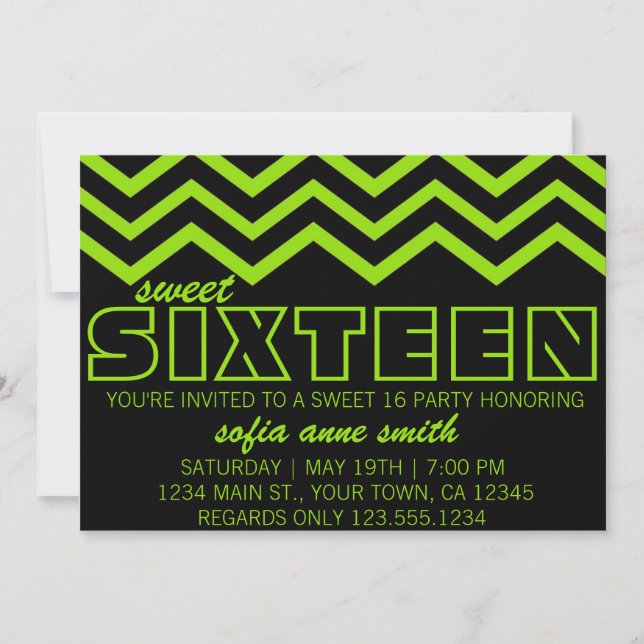 Neon Green and Black Chevron Sweet 16 Invitation (Front)