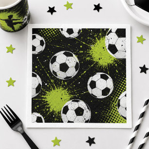 Neon Green and Black Soccer Balls Birthday Party Napkin