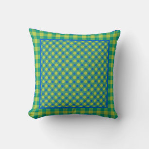 Neon Green and Blue Polka Dots and Check Gingham Cushion