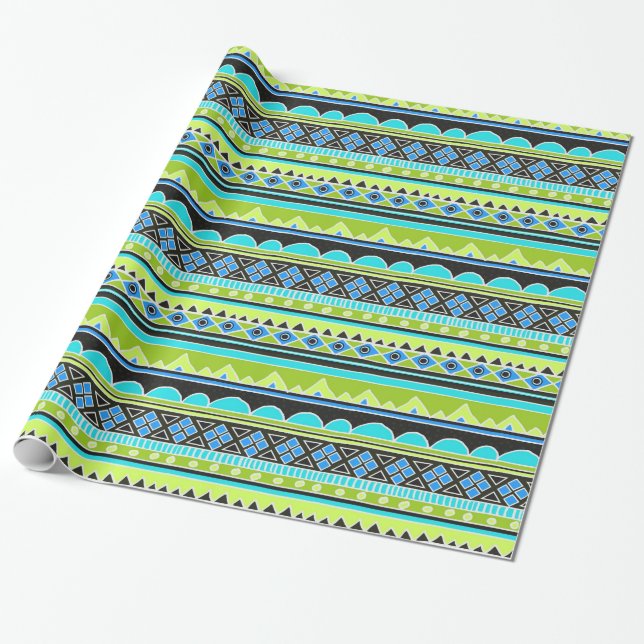 Neon Green and blue tribal pattern Wrapping Paper (Unrolled)