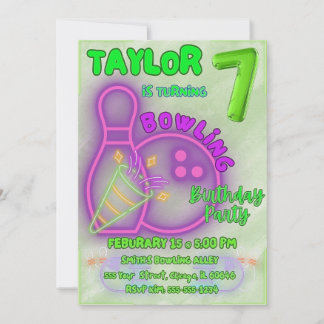 Neon Green and Purple Kids Bowling Birthday Party Invitation