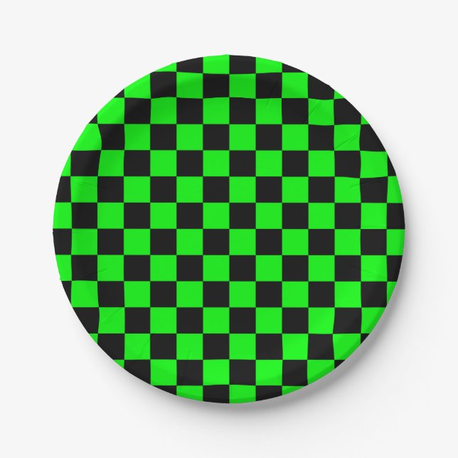 Neon green black checkers paper plate (Front)