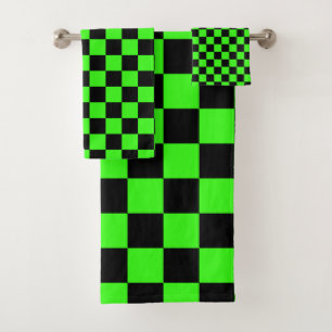 Neon Green Black Chequered Chequerboard Vintage Bath Towel Set