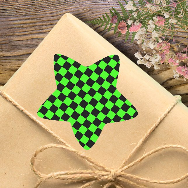 Neon Green Black Chequered Chequerboard Vintage Star Sticker (Creator Uploaded)