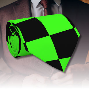 Neon Green Black Chequered Chequerboard Vintage Tie