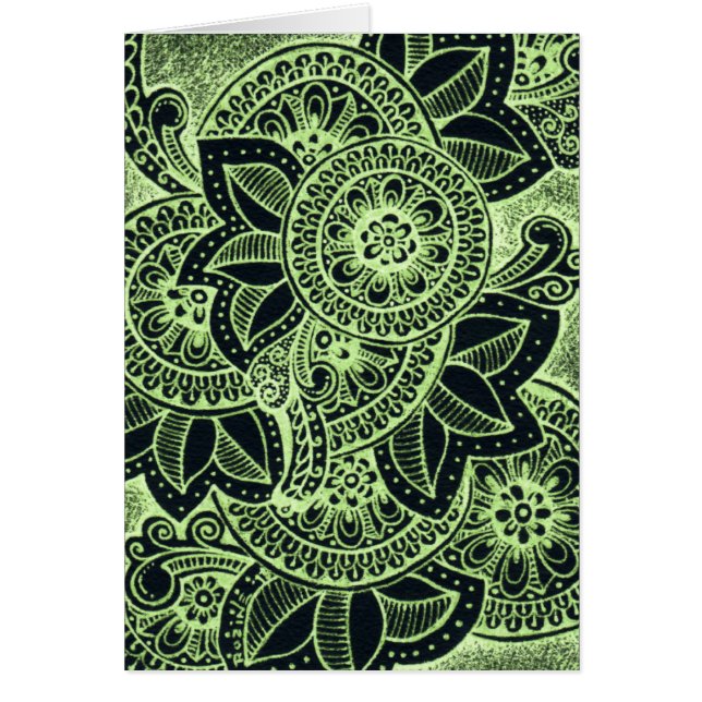 Neon Green Black Damask India Mandala Blank Inside (Front)