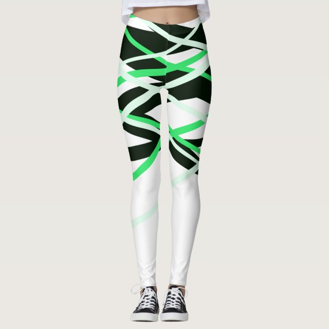Neon Green Black White Stripes Geometric Leggings (Front)