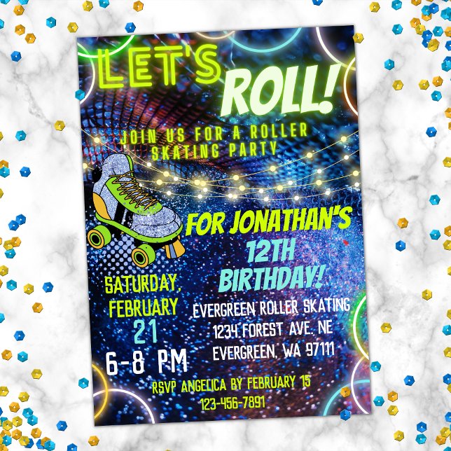 Neon Green Blue Boy Lets Roll Roller Skating Party Invitation (Creator Uploaded)