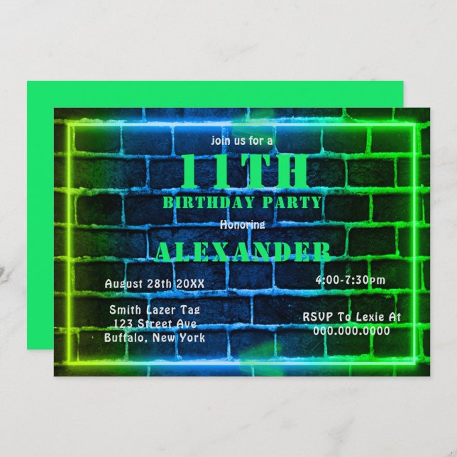 Neon Green Blue Brick 11th Birthday Party Invite (Front/Back)