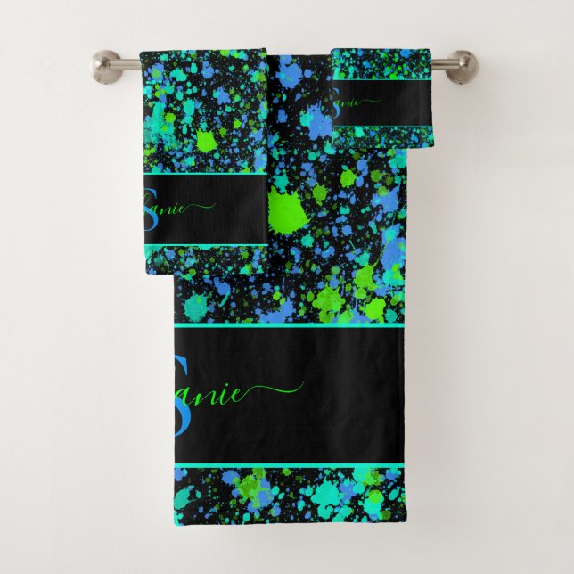Neon Green Blue Paint Splatter Monogram Retro Bath Towel Set (Insitu)