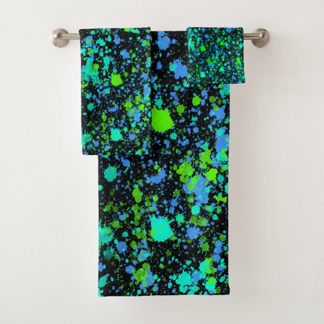 Neon Green Blue Paint Splatter Retro Bath Towel Set (Insitu)