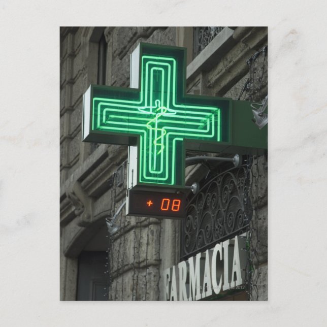 Neon Green cross outside Farmacia (Drug store or Postcard (Front)