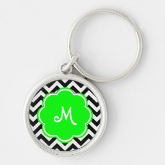 Neon Green Custom Monogram with Chevron Pattern Key Ring