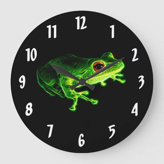Neon Green Electric Tree Frog - Glowing Animal Des Large Clock (Front)