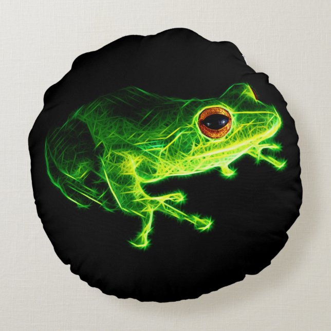 Neon Green Electric Tree Frog - Glowing Animal Des Round Cushion (Back)
