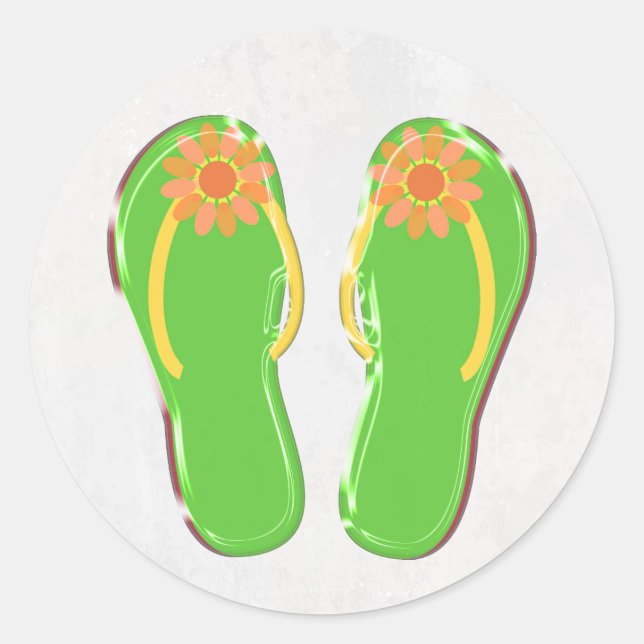 neon green flip-flops with flower classic round sticker (Front)
