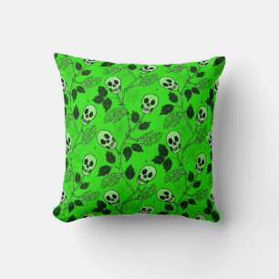 Neon Green Floral Gothic Skull  Cushion