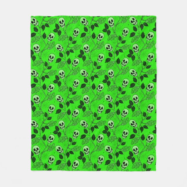 Neon Green Floral Gothic Skull  Fleece Blanket (Front)