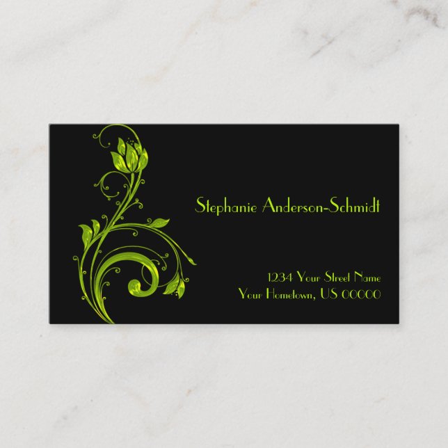 Neon Green Floral Leaf Swirls on Black Busines Business Card (Front)