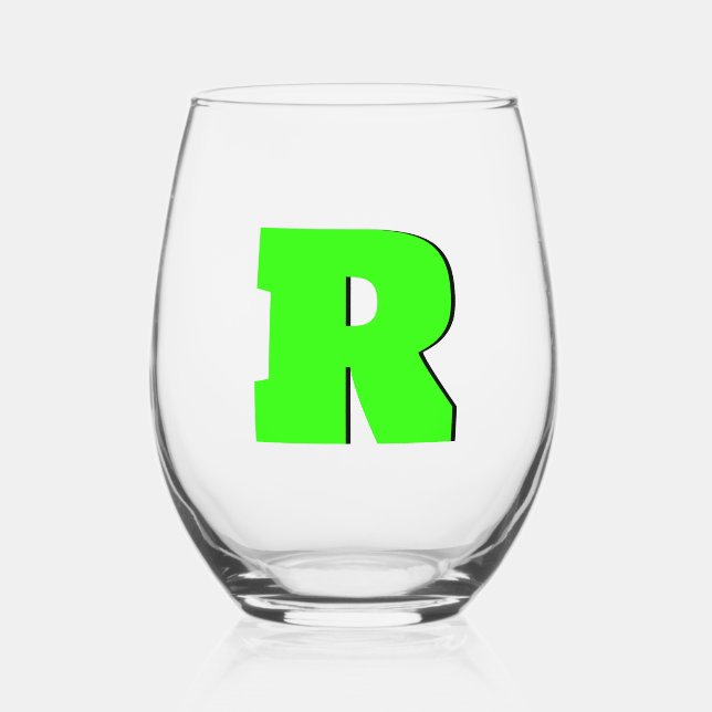 Neon Green Funny Modern Monogram Initial Letter Stemless Wine Glass (Front)
