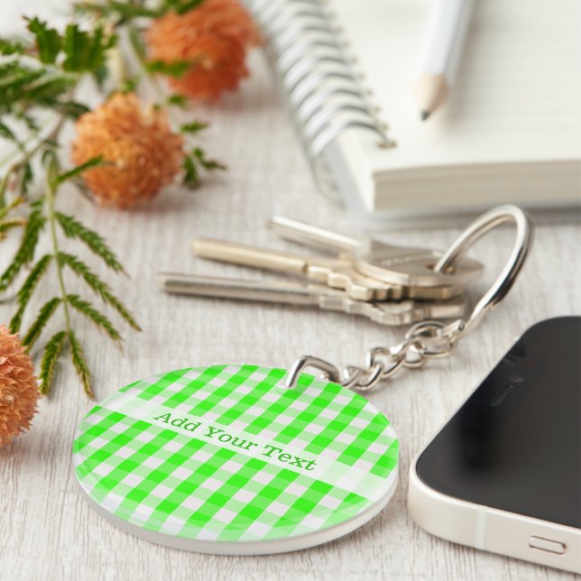 Neon Green Gingham Pattern by Shirley Taylor Key Ring (Front Right)