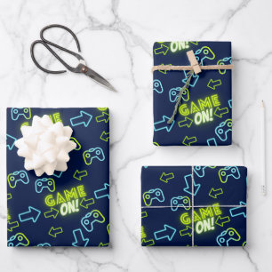 Neon Green Glow Dark Blue Game On Controller Gamer Wrapping Paper Sheet