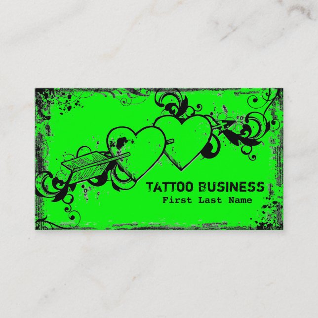 Neon green grunge heart tattoo business cards (Front)