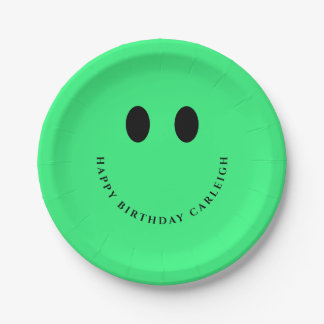 Neon Green Happy Face Custom  Paper Plate
