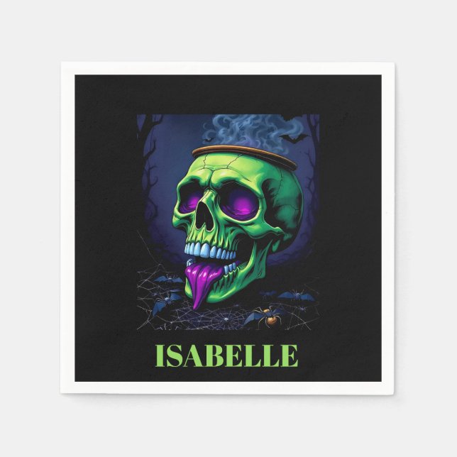 neon green haunted skull gothic halloween night napkin (Front)
