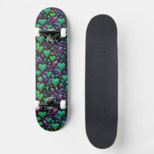 Neon Green Heart and Purple Floral Skateboard