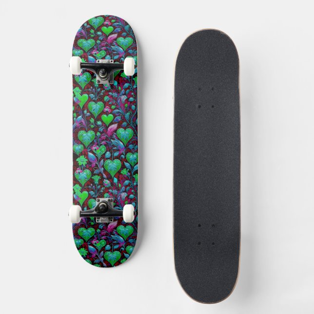 Neon Green Heart and Purple Floral Skateboard (Front)