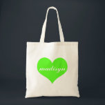 Neon Green Heart Personalised Budget Tote Bag<br><div class="desc">Sweet and Personalised Totes.</div>